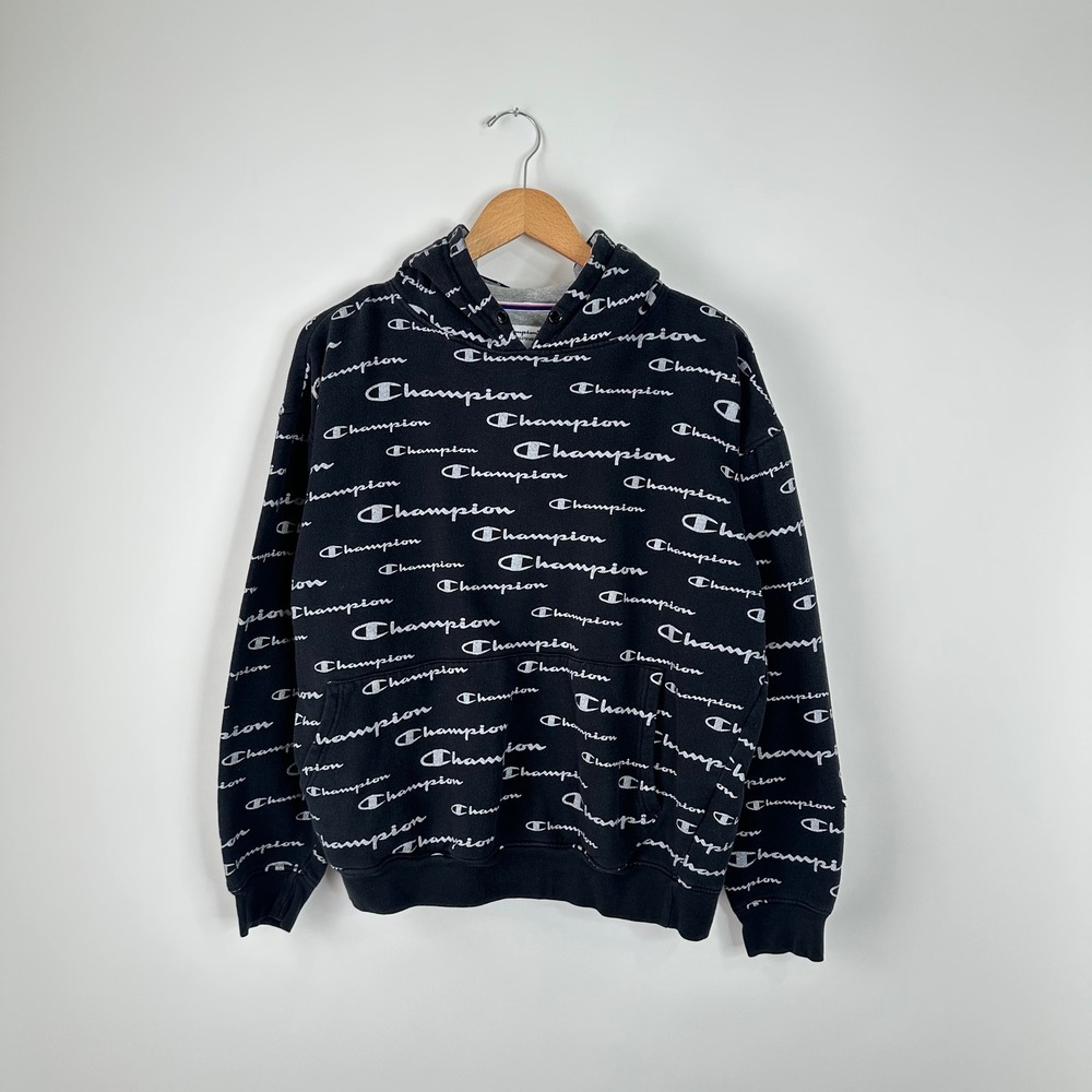 Champion All Over Print Hoodie Sweatshirt Black Pullover Mens Size LT